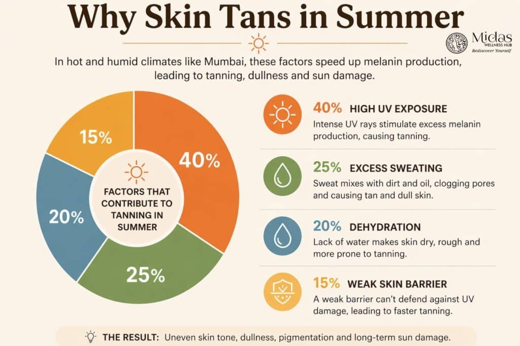 Why skin tans in summer in Mumbai due to strong UV rays, humidity, dehydration, and melanin production causing dull and uneven skin tone
