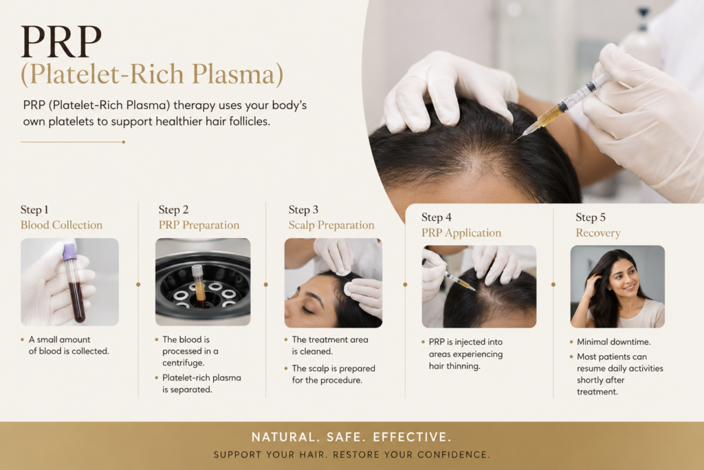 Step-by-step Hair PRP Treatment in Borivali showing blood collection, PRP preparation, scalp preparation, PRP application, and recovery at Midas Wellness Hub.