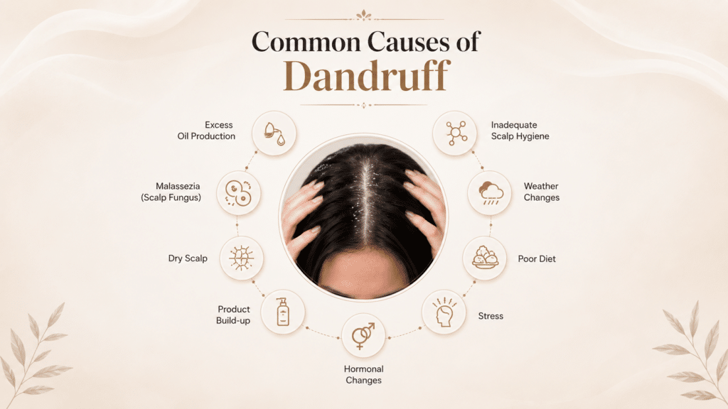 Common causes of dandruff infographic showing excess oil, Malassezia fungus, dry scalp, product buildup, hormonal changes, stress, poor diet, weather changes, and scalp hygiene.