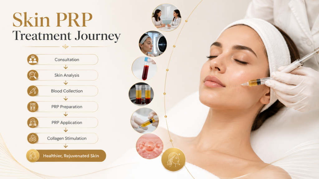 Skin PRP Treatment Journey infographic showing consultation, PRP preparation, treatment, and natural skin rejuvenation