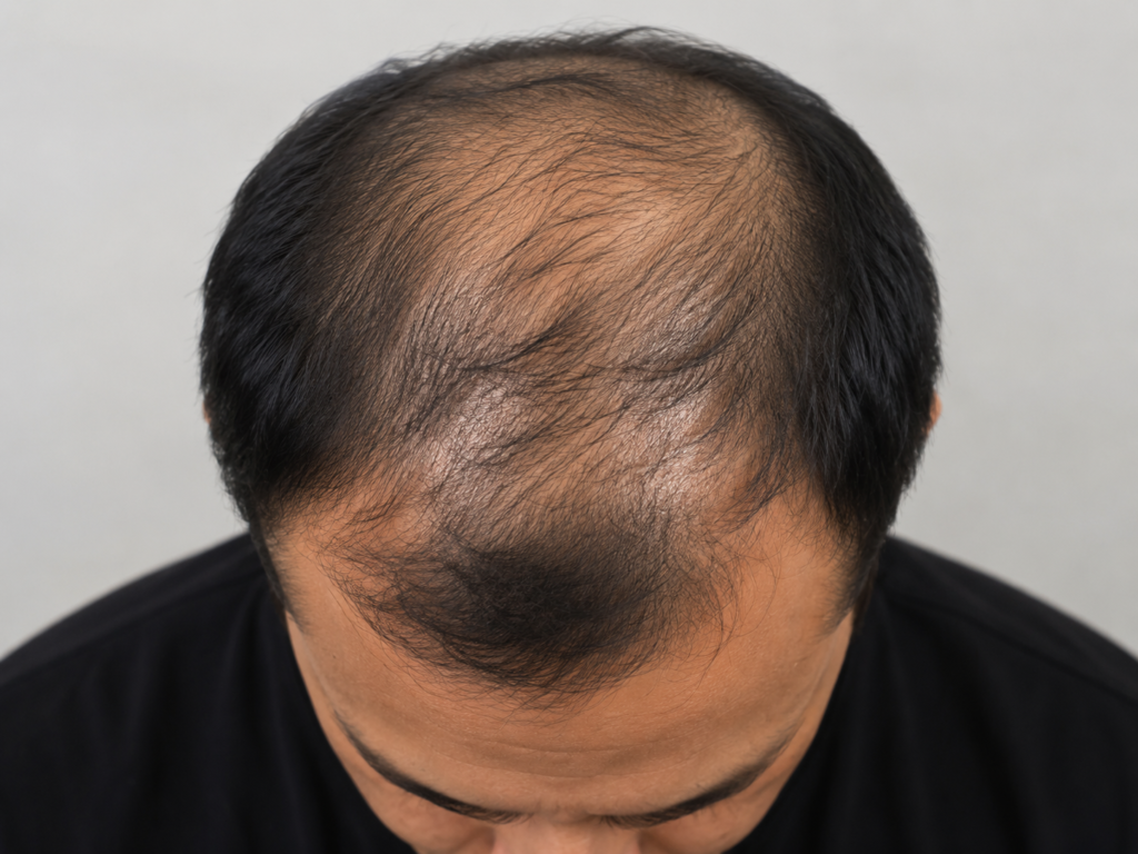 Top view of a person showing advanced hair thinning and male pattern baldness on the scalp.