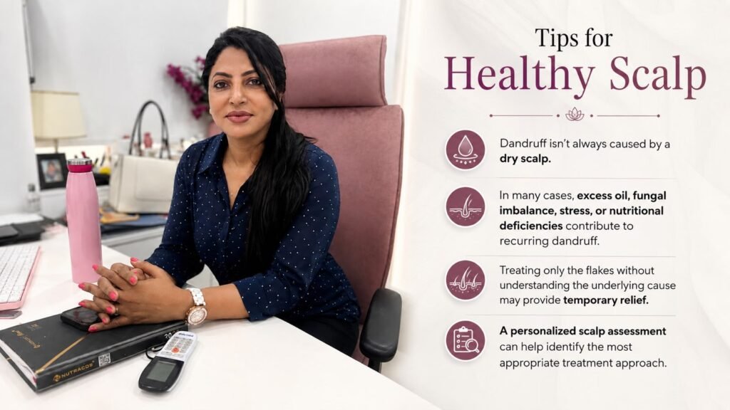 Dr. Shibani sharing expert tips for maintaining a healthy scalp and managing dandruff through proper scalp care and personalized treatment.