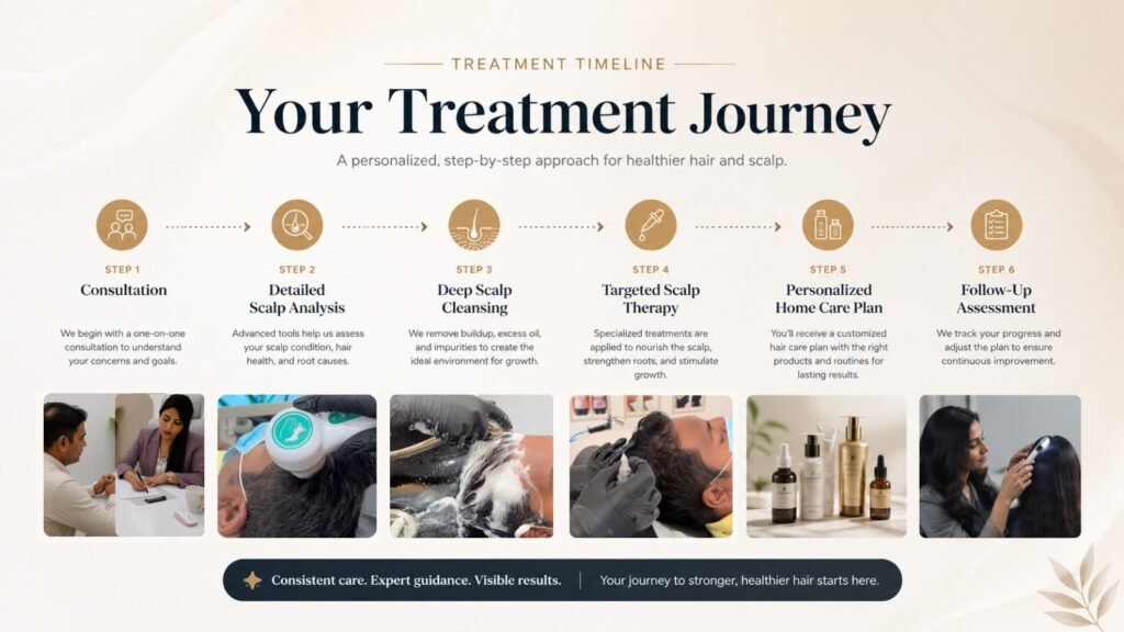 Step-by-step dandruff treatment journey infographic showing consultation, scalp analysis, deep scalp cleansing, targeted scalp therapy, personalized home care, and follow-up assessment.