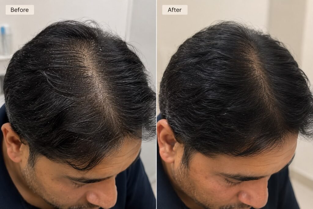 Before and after hair treatment results showing reduced dandruff and a healthier-looking scalp with improved hair appearance.