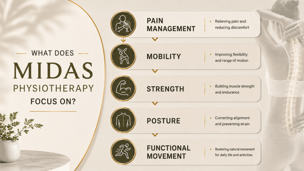 Midas physiotherapy infographic highlighting pain management, mobility, strength, posture and functional movement.