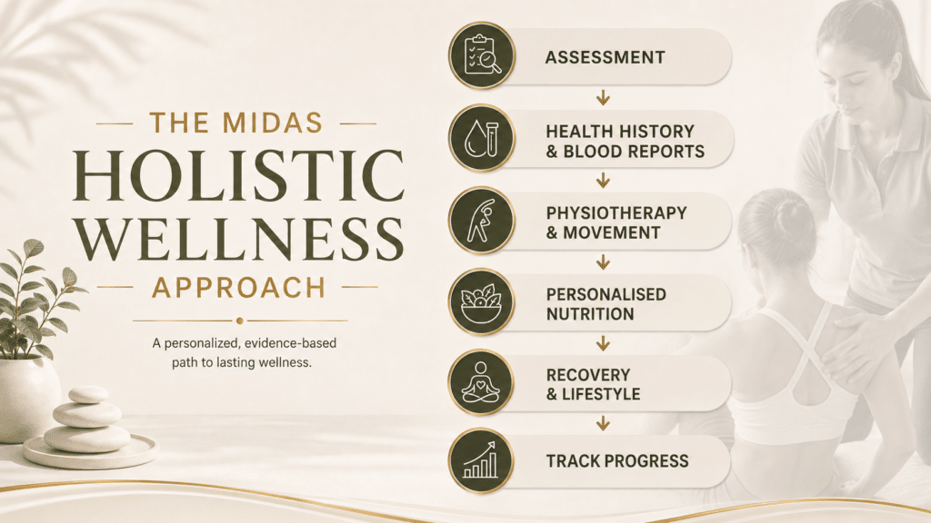 Midas holistic wellness approach infographic showing assessment, health history and blood reports, physiotherapy and movement, personalised nutrition, recovery and lifestyle, and progress tracking.