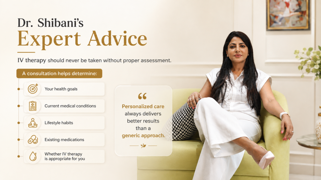 Dr. Shibani sharing expert advice on IV Drip Treatment in Borivali, highlighting personalized doctor consultation, health assessment, and safe IV therapy at Midas Wellness Hub.